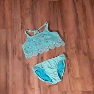 Girls blue laced detail bikini